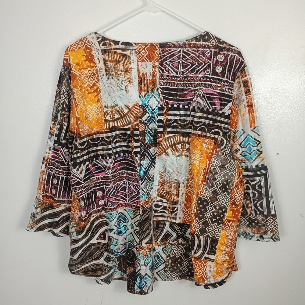 Chico’s Tribal Mixed Print Top Size 3 / XL 3/4 Sleeve Cotton Spring Boho - Picture 6 of 8